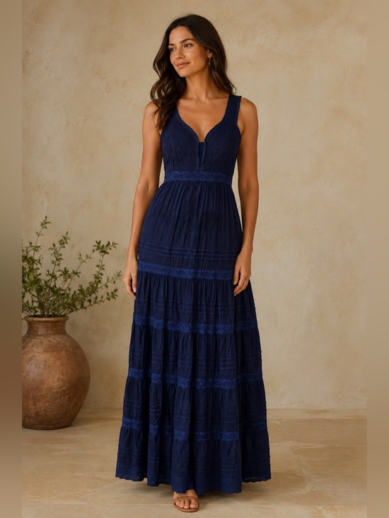 Roller Rabbit Dresses & Skirts - Roller Rabbit Navy Blue Persephone Dress Small Embroidered Lace Tiered Maxi S